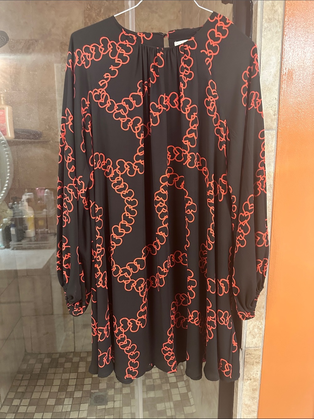 Women's Black Long Sleeve Dress with Red Chain Motif